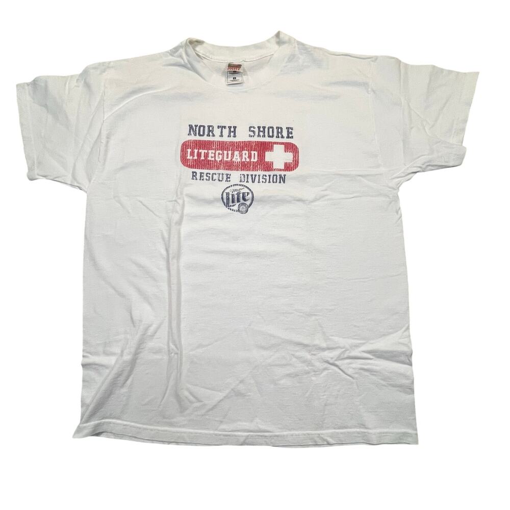 Miller Lite North Shore‎ Lifeguard Tee Men XL  White Short Sleeve Distressed